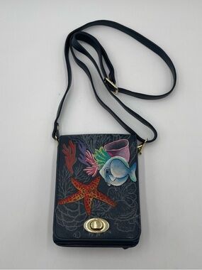 Anuschka Hand Painted “Ocean Magic” Flap Over Crossbody Bag Purse Fish Colorful
